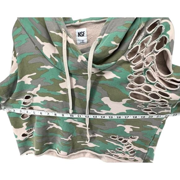 NSF Hoodie Womens M Green Camo Distressed Holes Cropped Sweatshirt USA Grunge - Picture 5 of 14